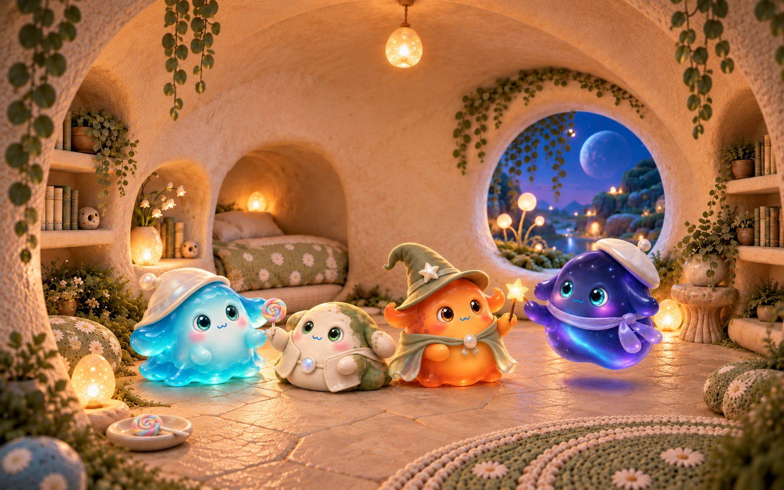 Four little Blobu friends — ocean blue, mossy stone, warm ember and a floating polar night — together in their moonlit cottage.